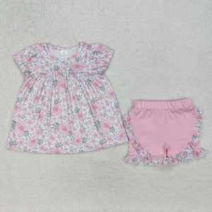 GSSO2194 RTS girl clothes flower print girl summer shorts set