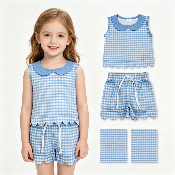 GSSO3397 RTS kids clothes blue gingham scalloped girl summer outfit  clothing set