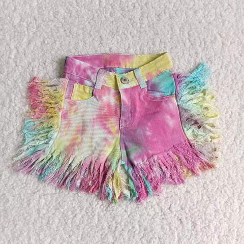 girl bottom tassel colorful tie dye denim shorts