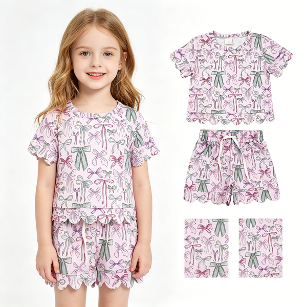 GSSO3409 RTS kids clothes bows scalloped girl summer outfit  clothing set summer shorts set
