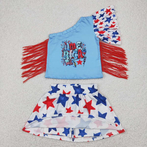 GSD1836 RTS baby girl clothes america tassel toddler girl 4th of July patriotic summer skirt outfit