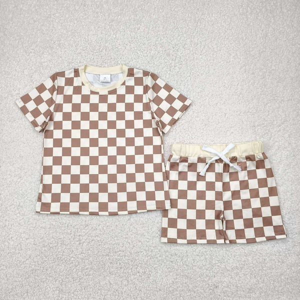 BSSO1422 RTS boy clothes brown gingham toddler boy summer outfit