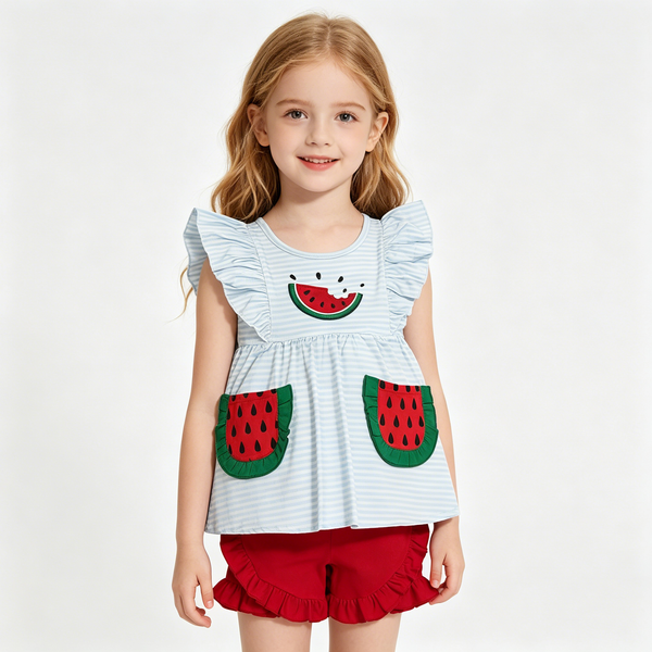 GSSO3636 RTS Kids girl clothes watermelon embroidery toddler girl summer shorts set