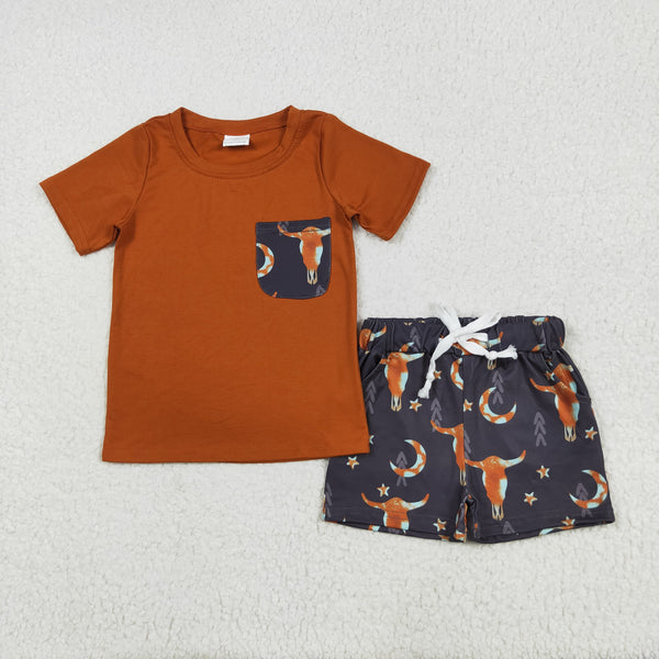 BSSO0758 boy clothes brown cow pocket toddler boy summer outfit