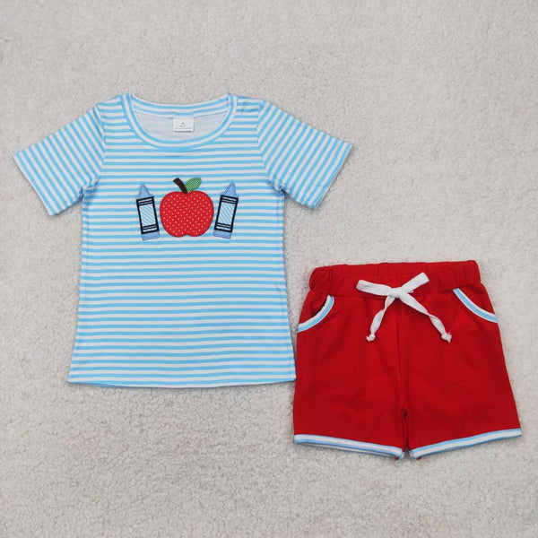 BSSO1328 RTS boy clothes apple embroidery back to school day toddler boy  summer outfit