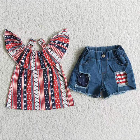 girl clothes july 4th summer denim shorts 2pcs set