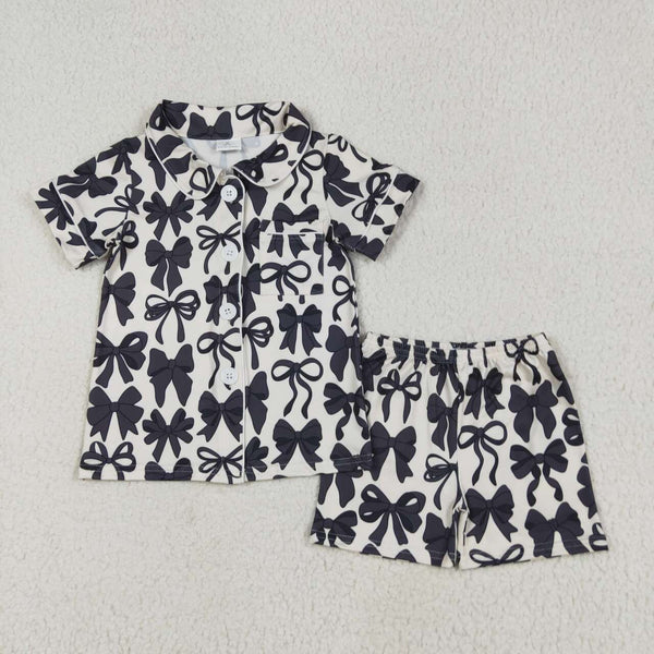 GSSO2663 RTS girl clothes black bow toddler girl summer outfit pajamas set