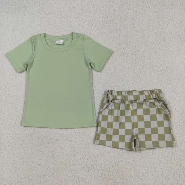 BSSO1470 RTS boy clothes green plaid toddler boy summer outfit
