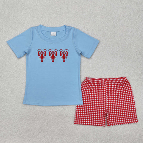 BSSO1161 RTS kids clothing crawfish embroidery boy summer shorts set