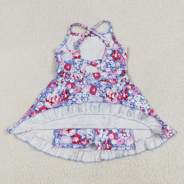 GSD2285 RTS girl yoga dress purple floral girl atheletic clothes