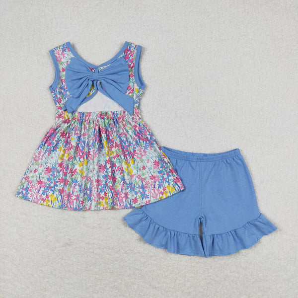 GSSO0547 RTS baby girl clothes blue flower girl summer outfits infant summer shorts set