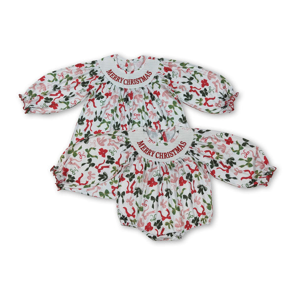 RTS kids clothes embroidery smocked bows kids christmas  matching clothes winter set-2025.7.28