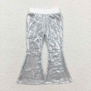 P0496 RTS baby girl clothes white silver sequin pant girl bell bottom pant