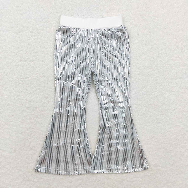 P0496 RTS baby girl clothes white silver sequin pant girl bell bottom pant