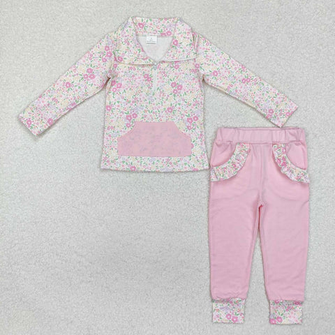 GLP2118 RTS toddler girl clothes floral  girl winter set pink floral zipper outfit