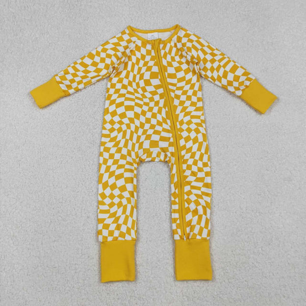 LR1089 RTS baby girl clothes yellow plaid halloween romper zip romper