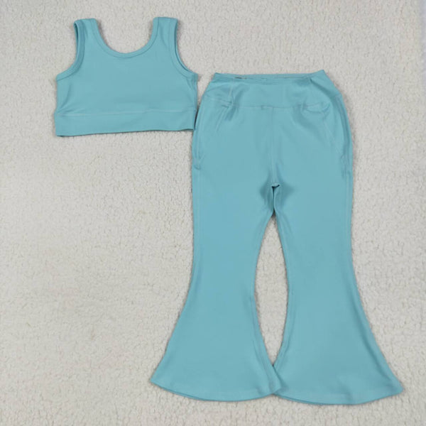 GSPO2004 RTS girl clothes blue girl bell bottom pant set yoga clothes