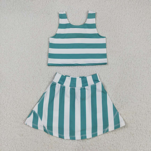 GSD2432 RTS girl clothes green stripes girl summer set yoga clothes atheletic clothes