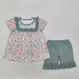 GSSO1607 RTS baby  girl clothes green floral toddler girl summer outfit