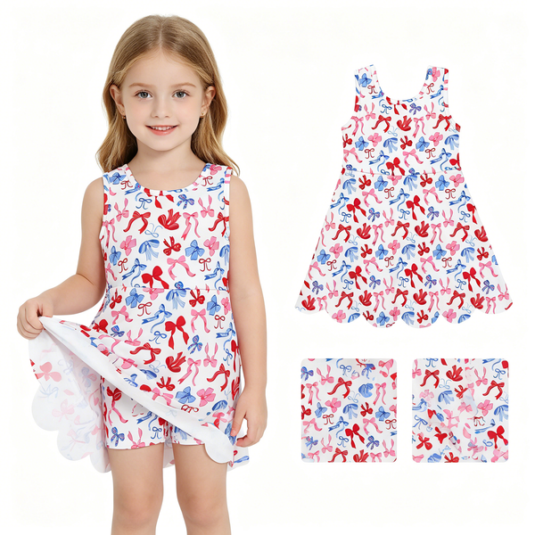 GSD3809 RTS toddler clothes bows girl 4th of July yoga summer dress  sports dress atheletic clothes
