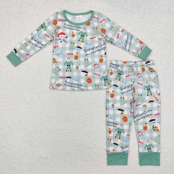 BLP0804 RTS baby boy clothes green cartoon boy christmas pajamas set winter set-bamboo
