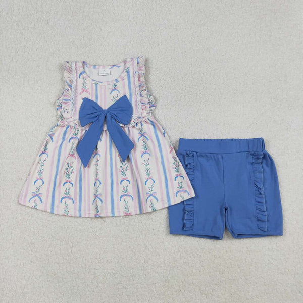GSSO2533 RTS girl clothes blue bows toddler girl summer outfit