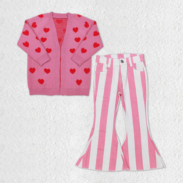 GLP1144 baby girl clothes heart sweater coat pink stripe bell bottom jeans set pant girl valentines day outfit