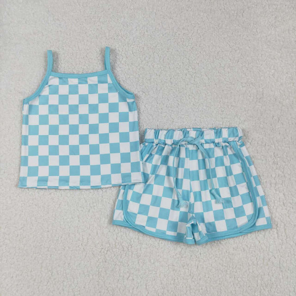 GSSO2332 RTS girl clothes blue gingham toddler girl summer outfit