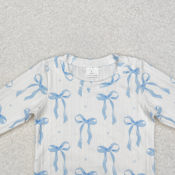 GLP2143 RTS toddler girl clothes blue grandmillennial bow print girl winter outfit cable knit