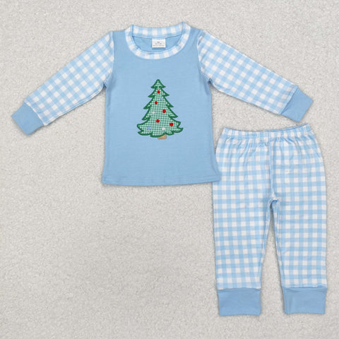 BLP0749 RTS toddler boy clothes blue tree embroidery boy christmas pajamas set 1