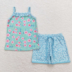 GSSO0863 RTS baby girl clothes blue flowers toddler girl summer outfits