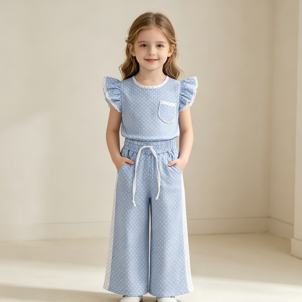 RTS GSPO2331 baby girl clothes blue girl spring outfit loose patns Wide-leg pants set 1