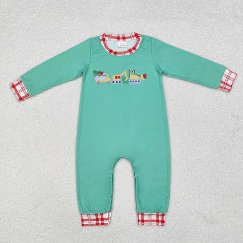 LR1235 RTS baby boy clothes green excavator boy christmas winter romper