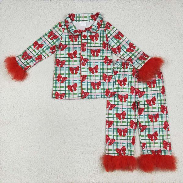 GLP2372 RTS girl clothes bows fur girl winter christmas pajamas set