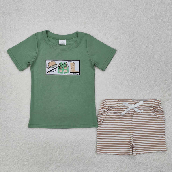 BSSO1154 RTS baby boy clothes fishing  toddler boy summer embroidery outfit