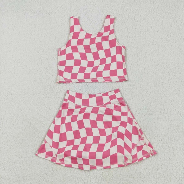 GSD2329 12-18M to 8-9T RTS girl clothes pink gingham girl summer set yoga clothes atheletic clothes