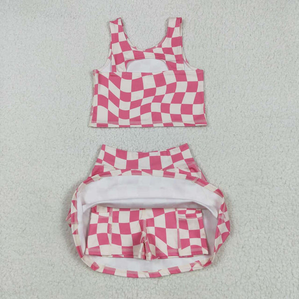 GSD2329 12-18M to 8-9T RTS girl clothes pink gingham girl summer set yoga clothes atheletic clothes