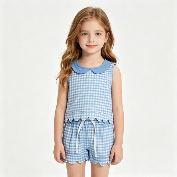 GSSO3397 RTS kids clothes blue gingham scalloped girl summer outfit  clothing set