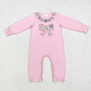 LR1812 RTS baby girl clothes bow floral girl winter  romper embroidery