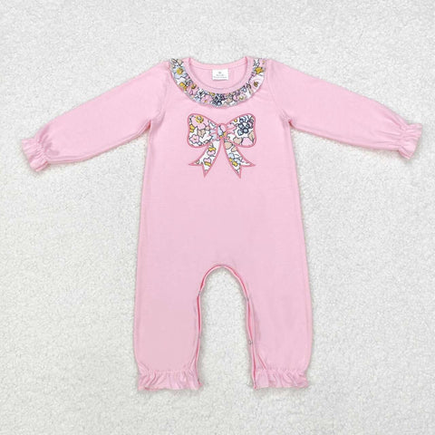 LR1812 RTS baby girl clothes bow floral girl winter  romper embroidery