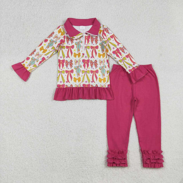 GLP2616 RTS toddler girl clothes hot pink bows girl winter set