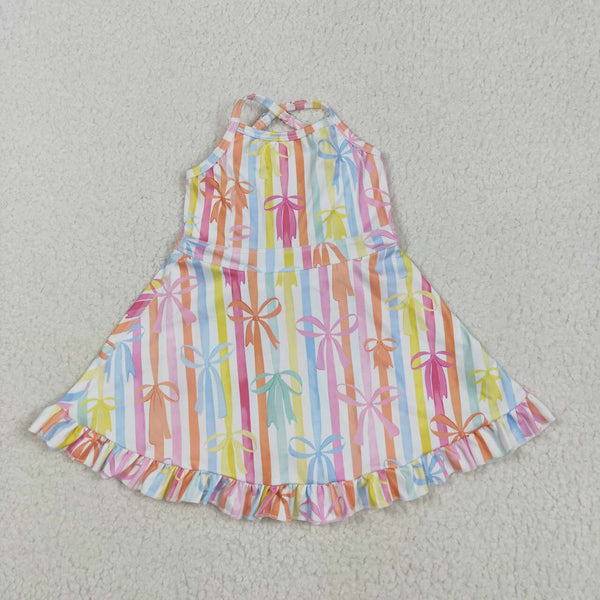 GSD2288 RTS girl clothes bow stripe girl summer dress yoga clothes atheletic clothes