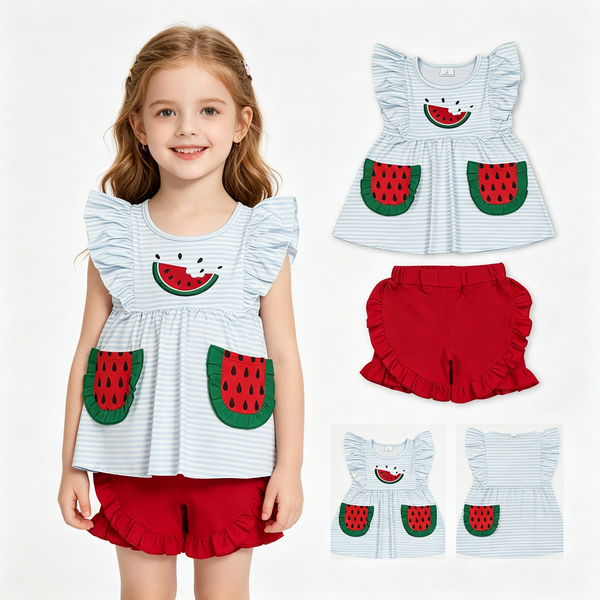 GSSO3636 RTS Kids girl clothes watermelon embroidery toddler girl summer shorts set