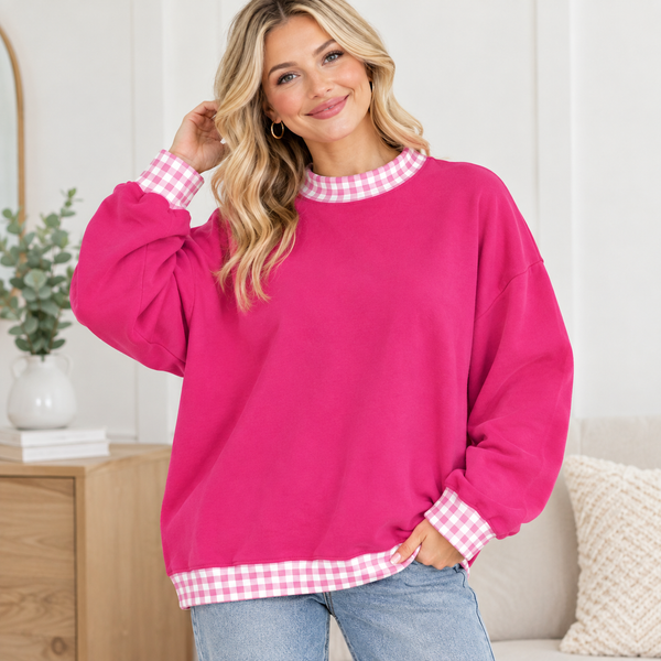 RTS S-2XL GT1796 Adult Women Clothes Hot Pink Plaid Sweater Shirt Oversize Winter Top