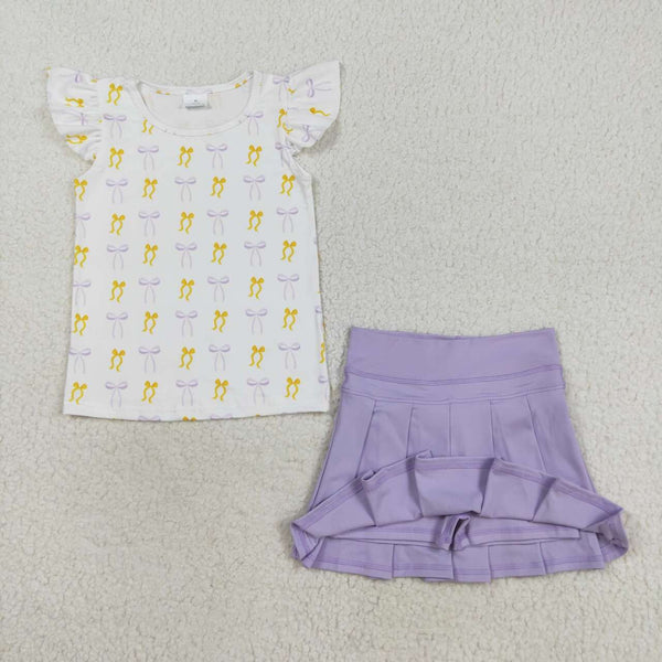 GSD2789 RTS toddler girl clothes purple bows girl short skirt set