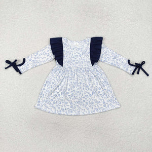 GLD0836 RTS toddler girl clothes blue floral girl winter dress