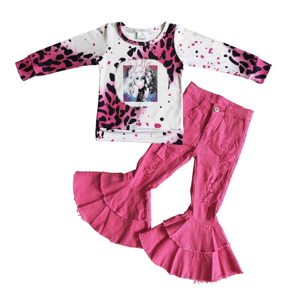 GLP0106 girl winter hot pink leopard set denim set