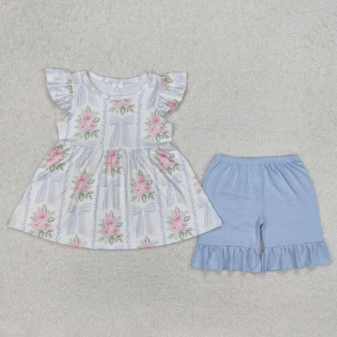 GSSO2052 RTS girl summer clothes floral bow girl summer shorts set