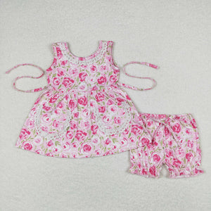 GSSO0685 RTS baby girl clothes pink floral laces flower toddler girl summer outfit