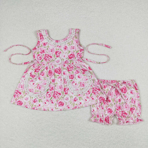 GSSO0685 RTS baby girl clothes pink floral laces flower toddler girl summer outfit